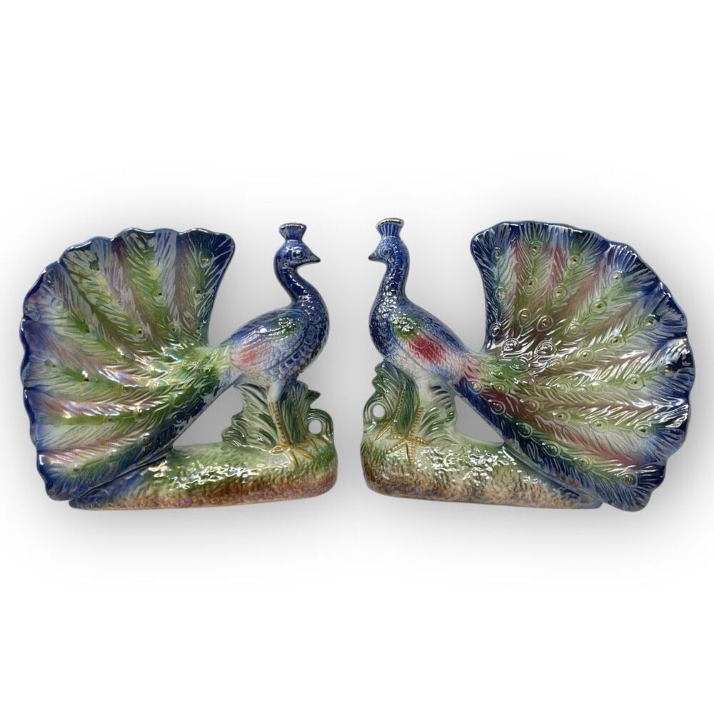 Peacock Vintage Iridescent Lusterware Ceramic Pair of 2 1960s MCM Midcentury